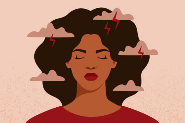 Illustration of a Black woman with closed eyes. Around her are clouds with lightening flashes